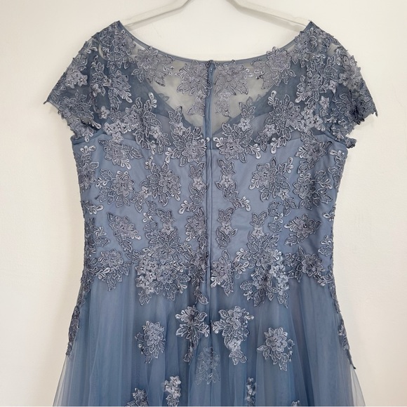 La Femme 29380 Tulle A Line Gown in Slate Embroidered Floral Lace Flowers Prom - Picture 9 of 11